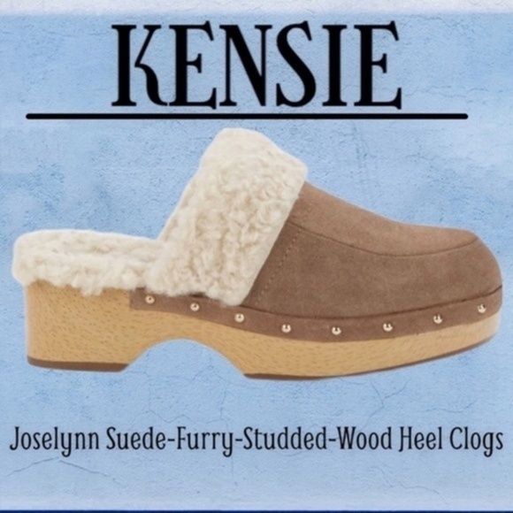 NWT KENSIE Joselynn Leather Suede Faux Fur Wooden Heel-Stud Accents Clogs/Shoes - Picture 1 of 11